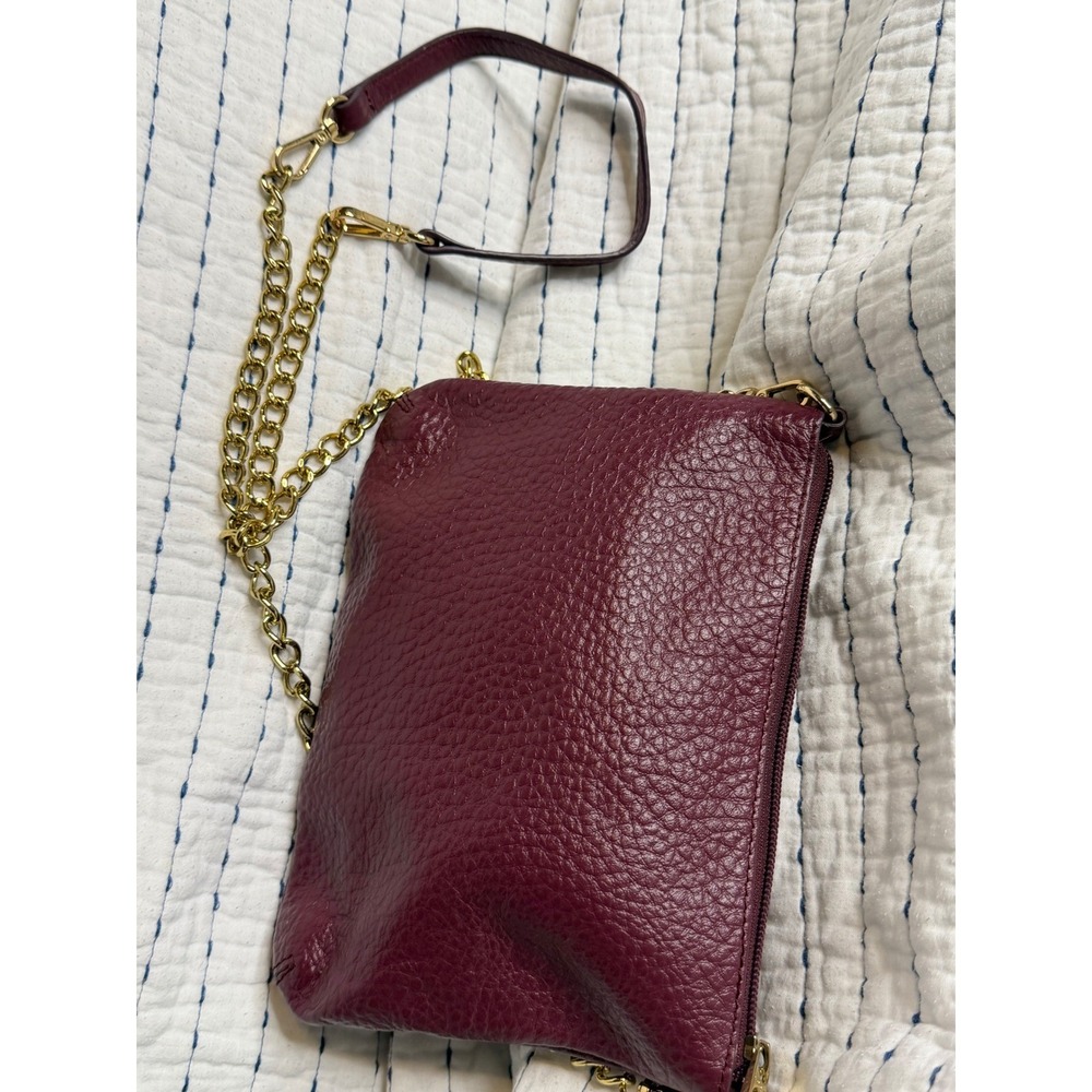 Lodis Burgundy Pebbled Leather Crossbody Bag Wristlet Gold Chain Strap Wine
